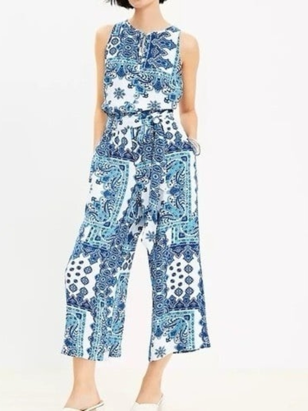 LOFT White Maxi Halter Jumpsuit with Blue Paisley Print